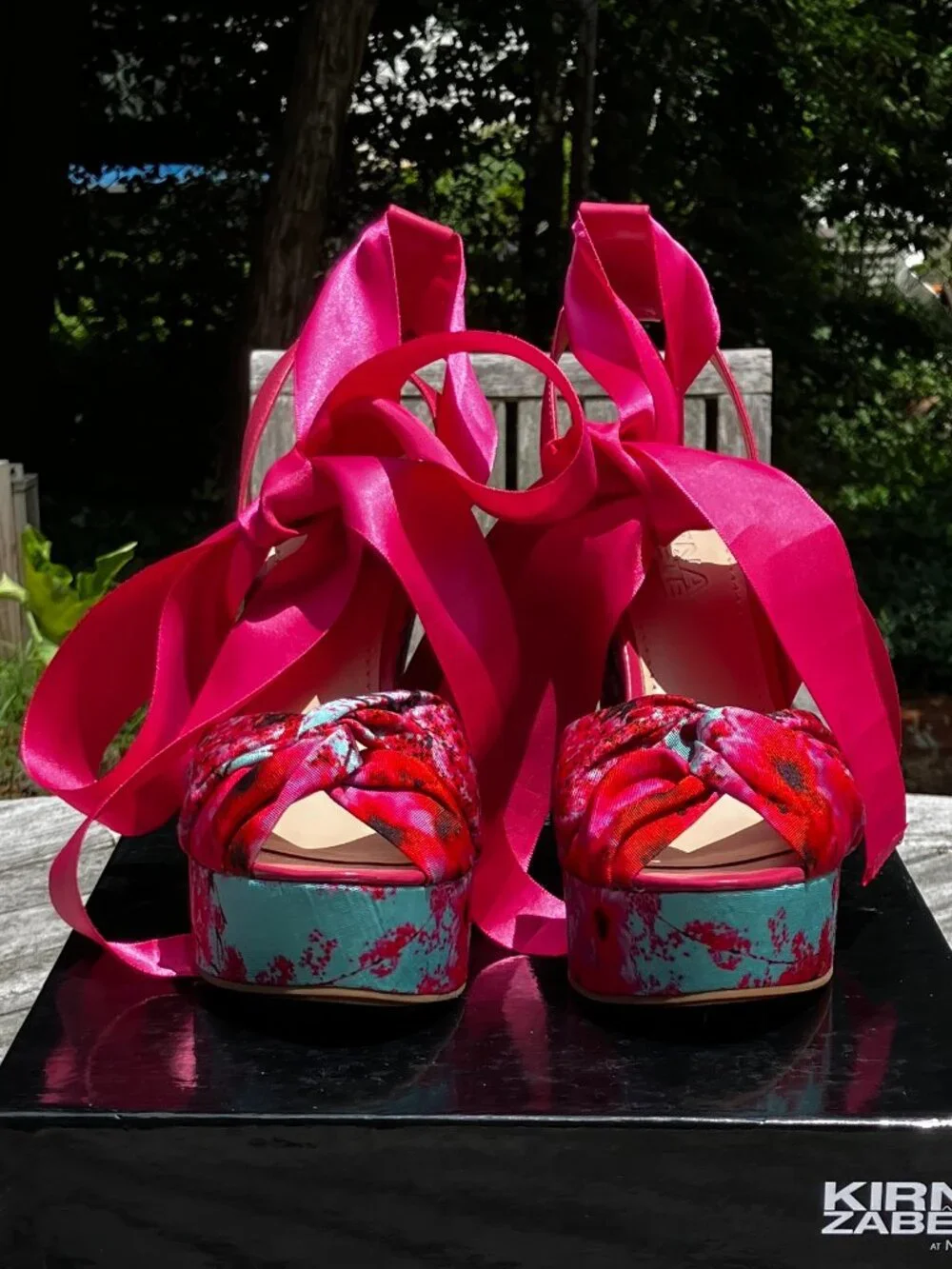 NWT🌺Cherry Blossom and Pink Satin Ribbon Platform Wedge Sandals